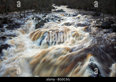 Water of Feugh near Banchory, Aberdeenshire, Scotland, United Kingdom, in flood after heavy rain. Stock Photo