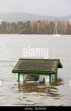 A kiosk on Windermere in Ambleside during the devastating November 2009 floods, Cumbria, UK. Stock Photo