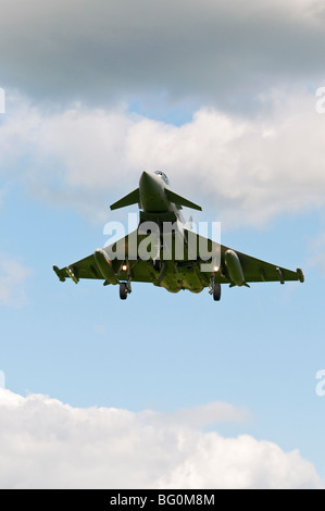 A Typhoon fighter on landing approach at RAF Coningsby in Lincolnshire.