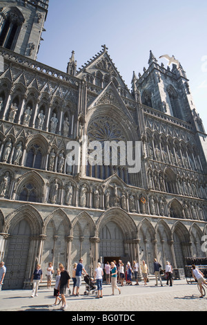 Exterior of the west front, with seagull flying over, Nidaros Cathedral, Trondheim, Trondelag, Norway, Scandinavia, Europe Stock Photo