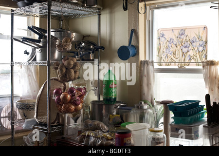 corner of country kitchen with pots crockery & hanging baskets of potatoes onions garlic in morning light, Montgomery New York Stock Photo