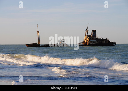 Ship wreck just off the beach near the Royal Lodge, Sine Saloum Delta, Senegal, West Africa, Africa Stock Photo