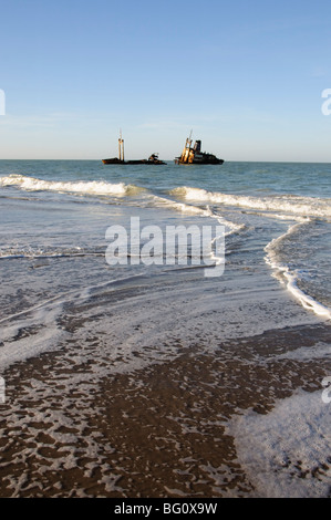 Ship wreck just off the beach near the Royal Lodge, Sine Saloum Delta, Senegal, West Africa, Africa Stock Photo