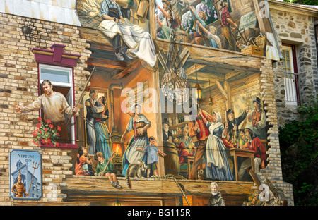 Detaill of the Petit-Champlain fresco, designed by Murale Création, historic district of Quebec City, Canada Stock Photo