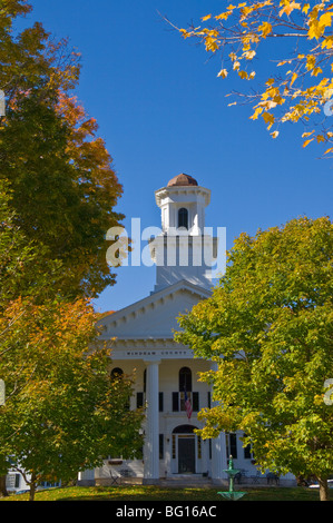 Autumn colours around traditional white Windham County Court House, Newfane, Vermont, New England, United States of America Stock Photo