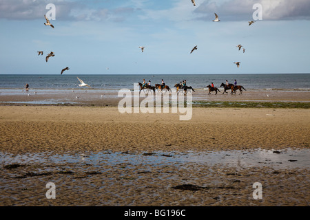 Horse riders on 'Sword Beach', Colleville-Montgomery-Plage near Ouistreham, Normandy, France Stock Photo