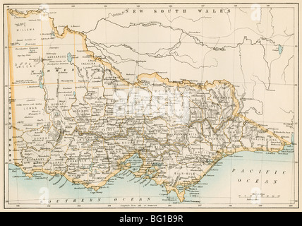 Map of Victoria, Australia, 1870s. Color lithograph Stock Photo