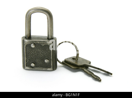 Old pad lock and keys isolated on white background Stock Photo