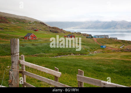 View over Erik the Red's first settlement Brattahlid, known today as Qassiarsuk, South Greenland, Polar Regions Stock Photo