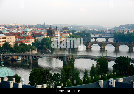 View of the River Vltava and bridges from Letna Hill, Prague, Czech Republic, Europe Stock Photo