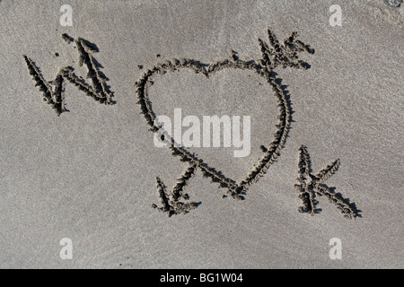 W and K , Prince William and Kate Middleton. Wills and Kate. A Royal romance and marriage.  Love letters in the sand. Stock Photo