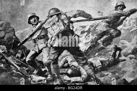 Contemporary WW1 illustration of a British private in hand to hand combat with German soldiers at Ypres in Flanders in 1917. Stock Photo