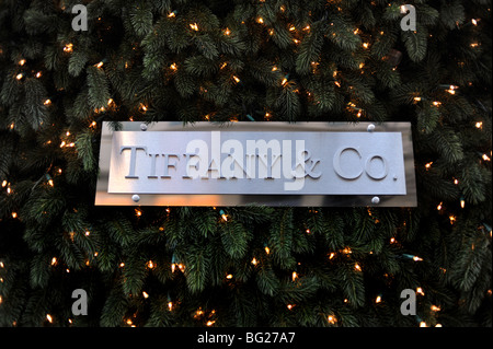 The entrance to the Tiffany & Co jewelry store in Fifth Avenue New York USA decorated for Christmas Stock Photo