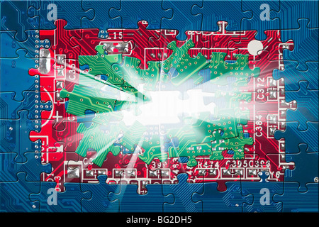 Abstract color electronic circuit board puzzle background with rays Stock Photo