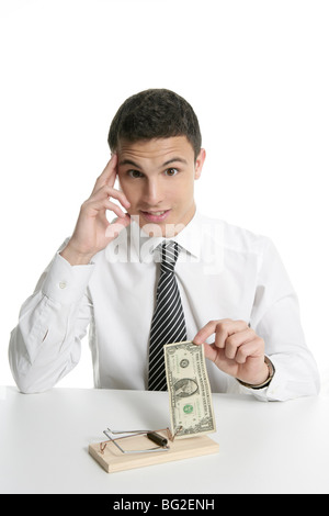 Businessman and dollar in a mouse trap isolated on white Stock Photo