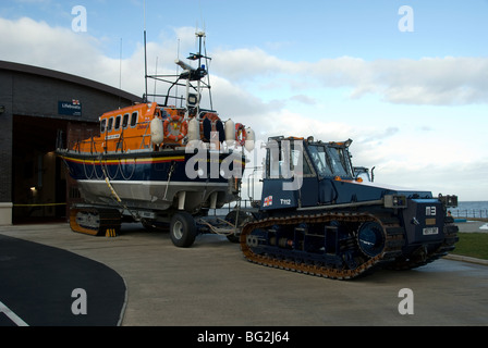 The Hoylake RNLI lifeboat (Lady of Hilbre) and tractor unit outside the new lifeboat station on the Wirral peninsula Stock Photo