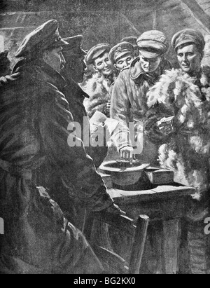 Contemporary WW1 illustration showing British troops drawing lots in France in 1916 to determine who gets 'leave' at Christmas. Stock Photo