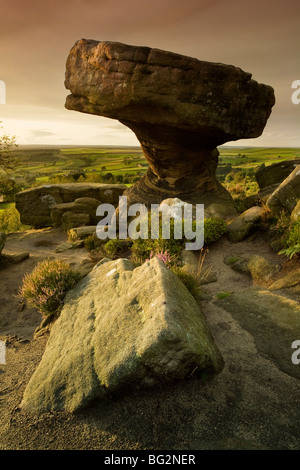 The Druid's Writing Table at Brimham rocks, looking west towards the Yorkshire Dales, Nidderdale, North Yorkshire, England Stock Photo