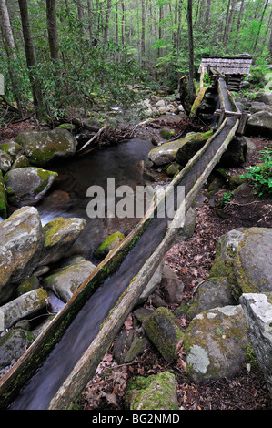 Noah Bud Ogle place hollowed-log flume divert water flow to tub mill LeConte Creek Great Smoky Mountain National Park USA Stock Photo