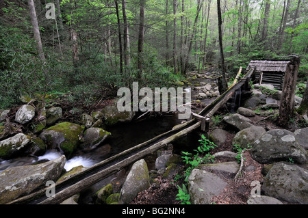 Noah Bud Ogle place hollowed-log flume divert water flow to tub mill LeConte Creek Great Smoky Mountain National Park USA Stock Photo