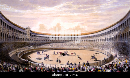 Bullfighting in the Plaza de toros, a stadium, in Madrid, circa 1865 Stock Photo