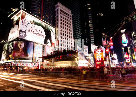 Night scene of TKTS Ticket booth on Broadway at Times Square in Manhattan (New York City) with all the lit up billboards. Stock Photo