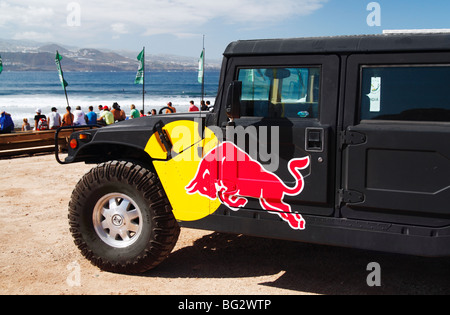 Red Bull Hummer vehicle at Surfing competition in Spain Stock Photo