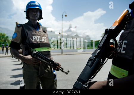 The UN policemen from Nigeria guard the Presidential Palace in Port-au-Prince, Haiti. Stock Photo
