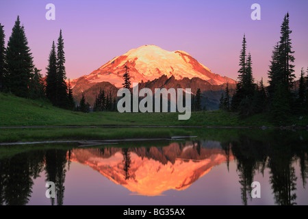 Mount Rainier from Tipsoo Lake at sunrise; Mount Rainier National Park ...