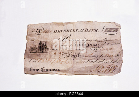 Beverley Bank Note, 5 guinea, guineas old note, early 19th century, dated 1805 Yorkshie England UK Humberside English notes Stock Photo