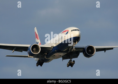 British Airways Boeing 777-200ER long haul twin engine passenger jet airliner on approach to Heathrow Stock Photo