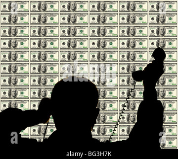 silhouette of business man on phone against money montage Stock Photo