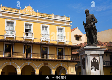 Statue of Pedro de Heredia in Plaza de Los Coches, Old Walled City District, Cartagena City, Bolivar State, Colombia Stock Photo
