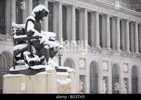 Velasquez statue covered in snow, Prado Museum, Madrid, Spain, Europe Stock Photo