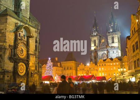Old Town Hall, Astronomical clock, Tyn Cathedral and Old Town Square at Christmas time, Prague, Czech Republic, Europe Stock Photo