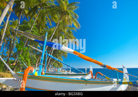 Traditional Indonesian fishing boats at the beach, North coast, Bali, Indonesia, Southeast Asia, Asia Stock Photo