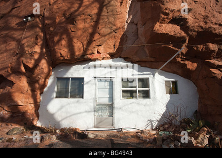 USA, Utah, Moab, Hole in the Rock tourist shop, small trailer in mountain, winter Stock Photo