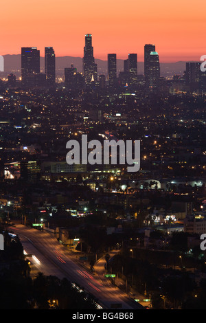 USA, California, Los Angeles, Downtown and Hollywood Freeway 101 from Hollywood Bowl Overlook, dawn Stock Photo