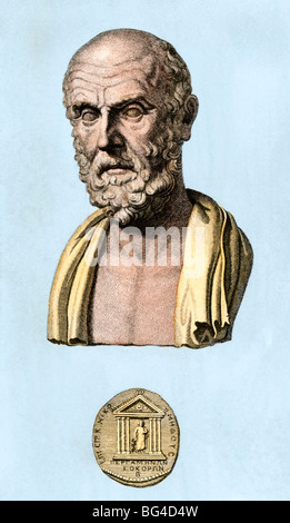 Greek physician Hippocrates. Hand-colored woodcut Stock Photo