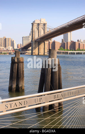 Brooklyn Bridge spanning the East River from Fulton Ferry Landing, Brooklyn, New York City, New York, United States of America Stock Photo