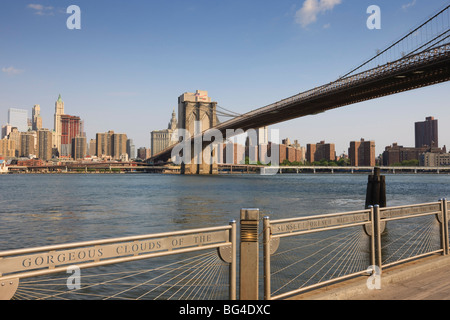 Brooklyn Bridge spanning the East River from Fulton Ferry Landing, Brooklyn, New York City, New York, United States of America Stock Photo