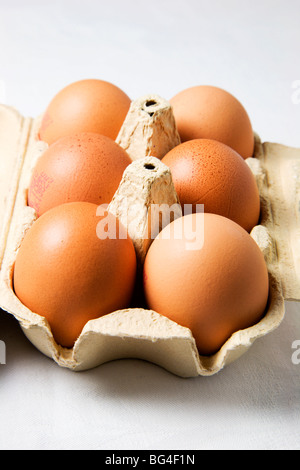 Six Organic Hens Eggs in an Egg Box Stock Photo
