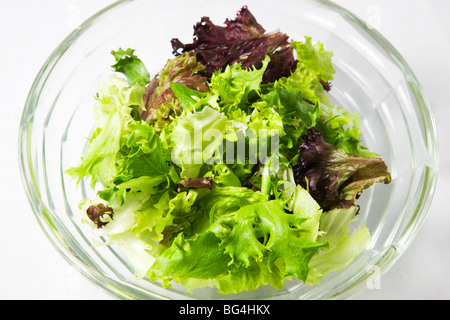 Mixed Frilly Lettuce Leaves in a Glass Bowl Stock Photo