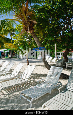 JOST VAN DYKE, British Virgin Islands — The Soggy Dollar Bar, located on the pristine White Bay of Jost Van Dyke, is an iconic beach bar famous for its laid-back vibe and the invention of the Painkiller cocktail. Visitors often swim ashore from their boats, adding to the bar's unique and relaxed atmosphere. Stock Photo