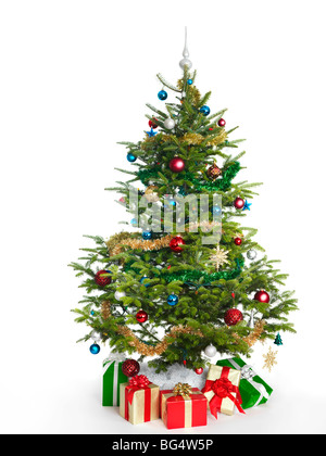 Decorated real Christmas tree isolated on white background Stock Photo