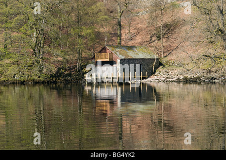Boathouse and reflection on Ullswater , Cumbria , England
