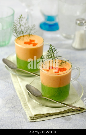 Peas soup and salmon smoothie. Recipe available. Stock Photo