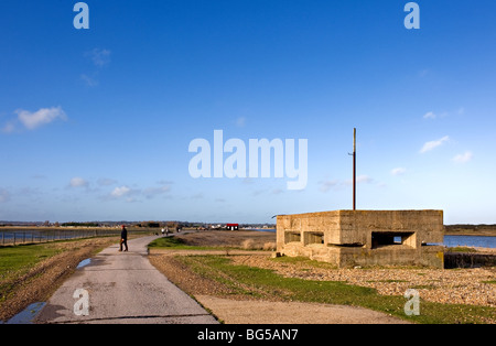 A World War II pill box bunker at the entrance to Rye Harbour in East Sussex. Stock Photo