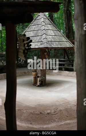 Sacred Ground in Oconaluftee Indian Village in Cherokee North Carolina in the Great Smoky Mountains USA US vertical hi-res Stock Photo