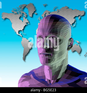 Digital Man or Robot with Binary Numbers in front of a Map of the World Stock Photo